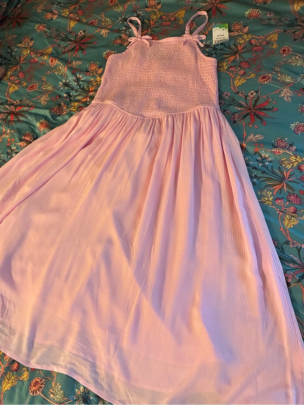 Light Pink Smocked Midi Dress with Tie Straps